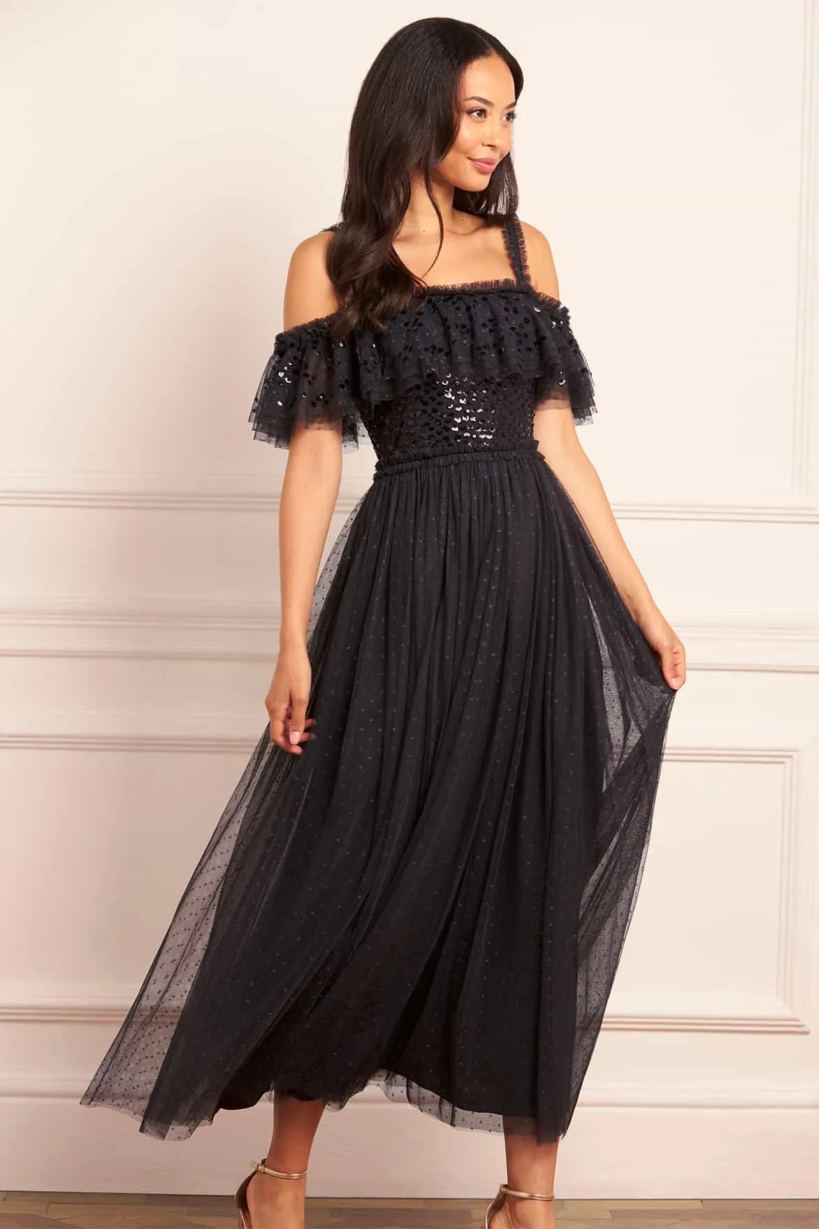 Dappled Sequin Bodice Off-Shoulder Ankle Gown sold by Needle & Thread