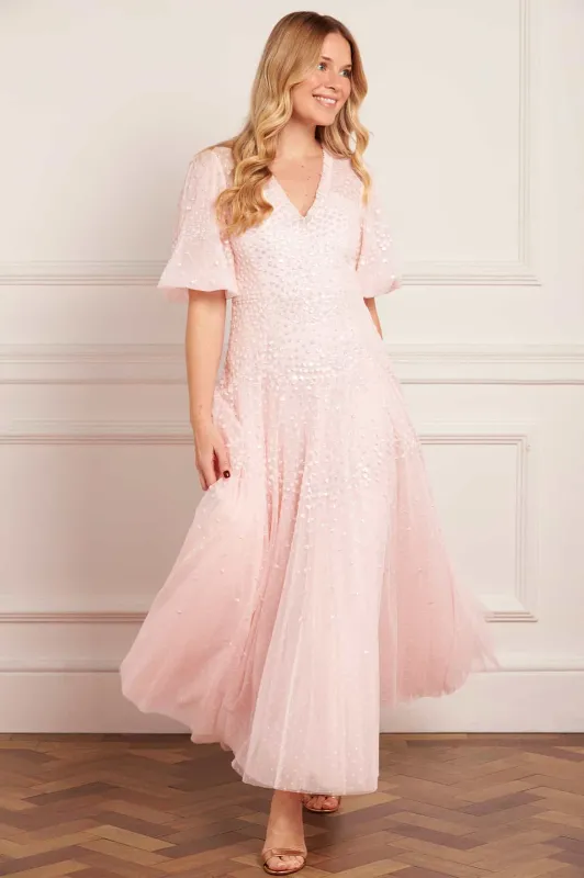 Scallop Sequin V-Neck Ankle Gown sold by Needle & Thread