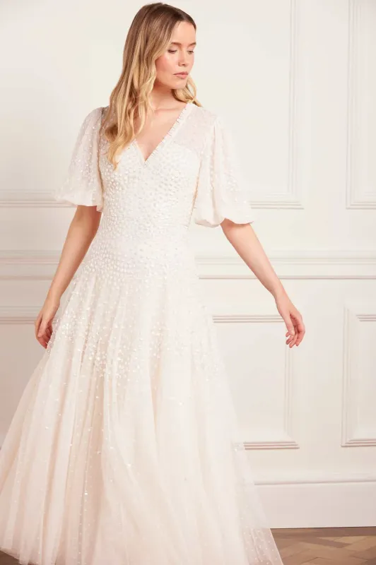 Scallop Sequin V-Neck Ankle Gown sold by Needle & Thread