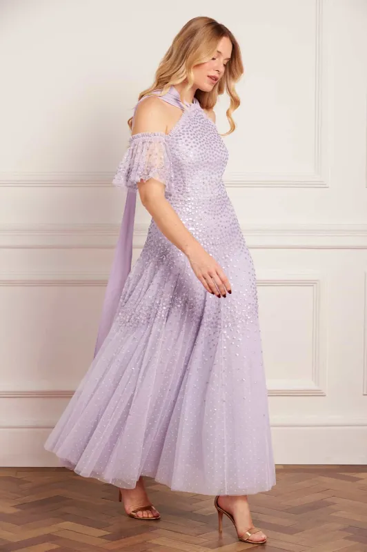 Scallop Sequin Halter-Neck Ankle Gown sold by Needle & Thread