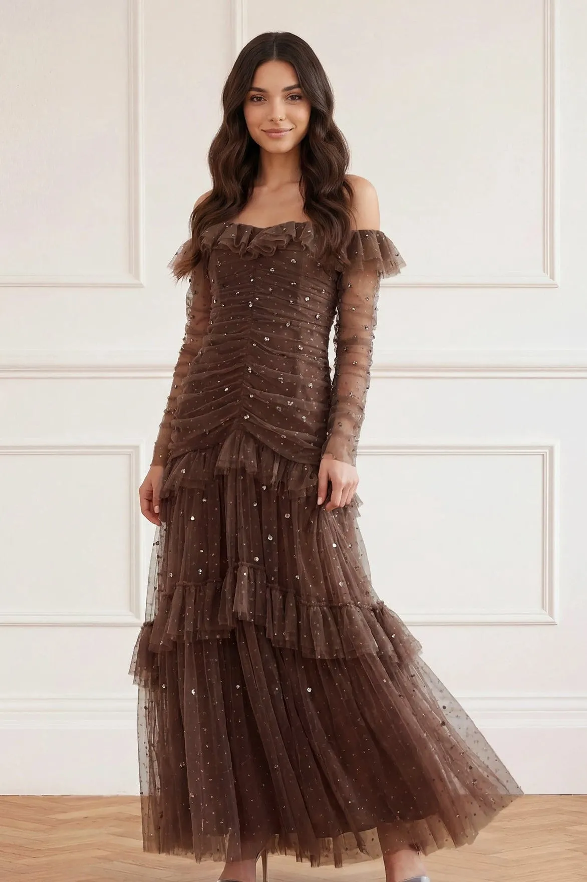 Sequin Glimmer Rouched Off-Shoulder Gown sold by Needle & Thread