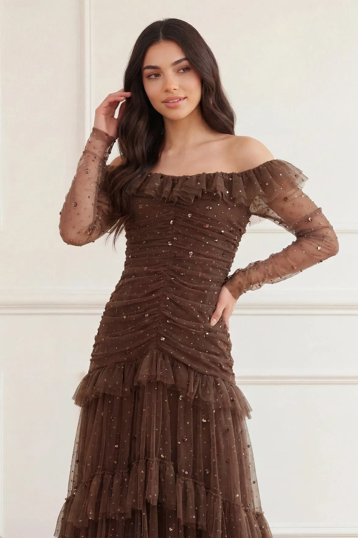 Sequin Glimmer Rouched Off-Shoulder Gown sold by Needle & Thread product image thumbnail 3