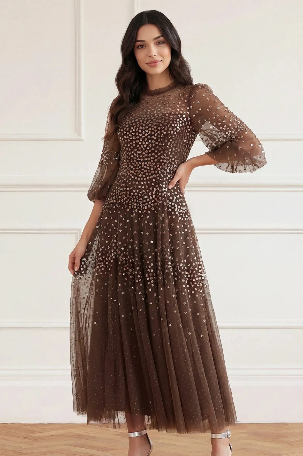 Scallop Sequin Round Neck Ankle Gown sold by Needle & Thread