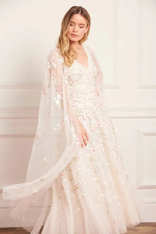 Ethereal Blooms Cape Sleeve Ankle Gown sold by Needle & Thread