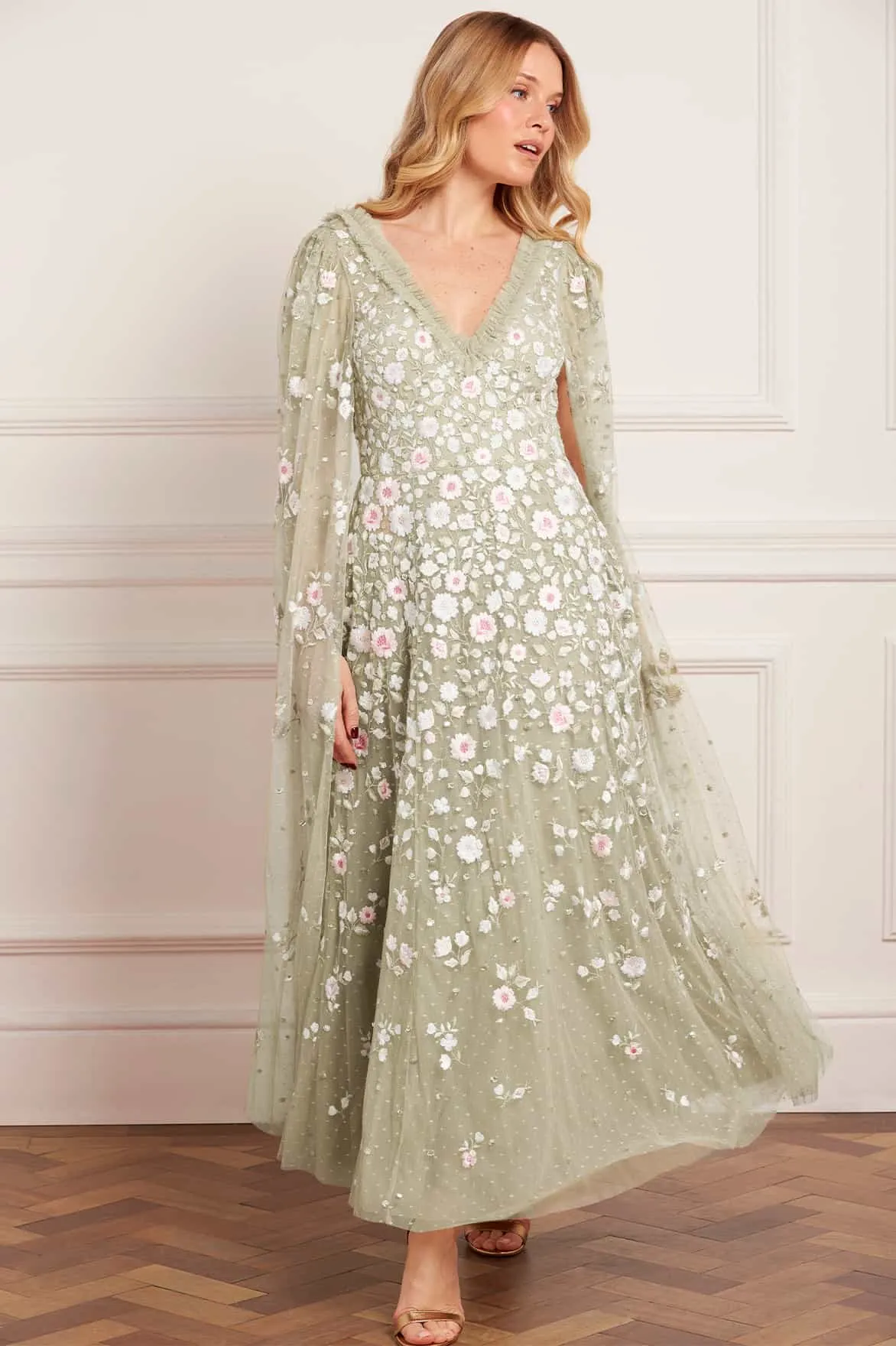 Ethereal Blooms Cape Sleeve Ankle Gown sold by Needle & Thread