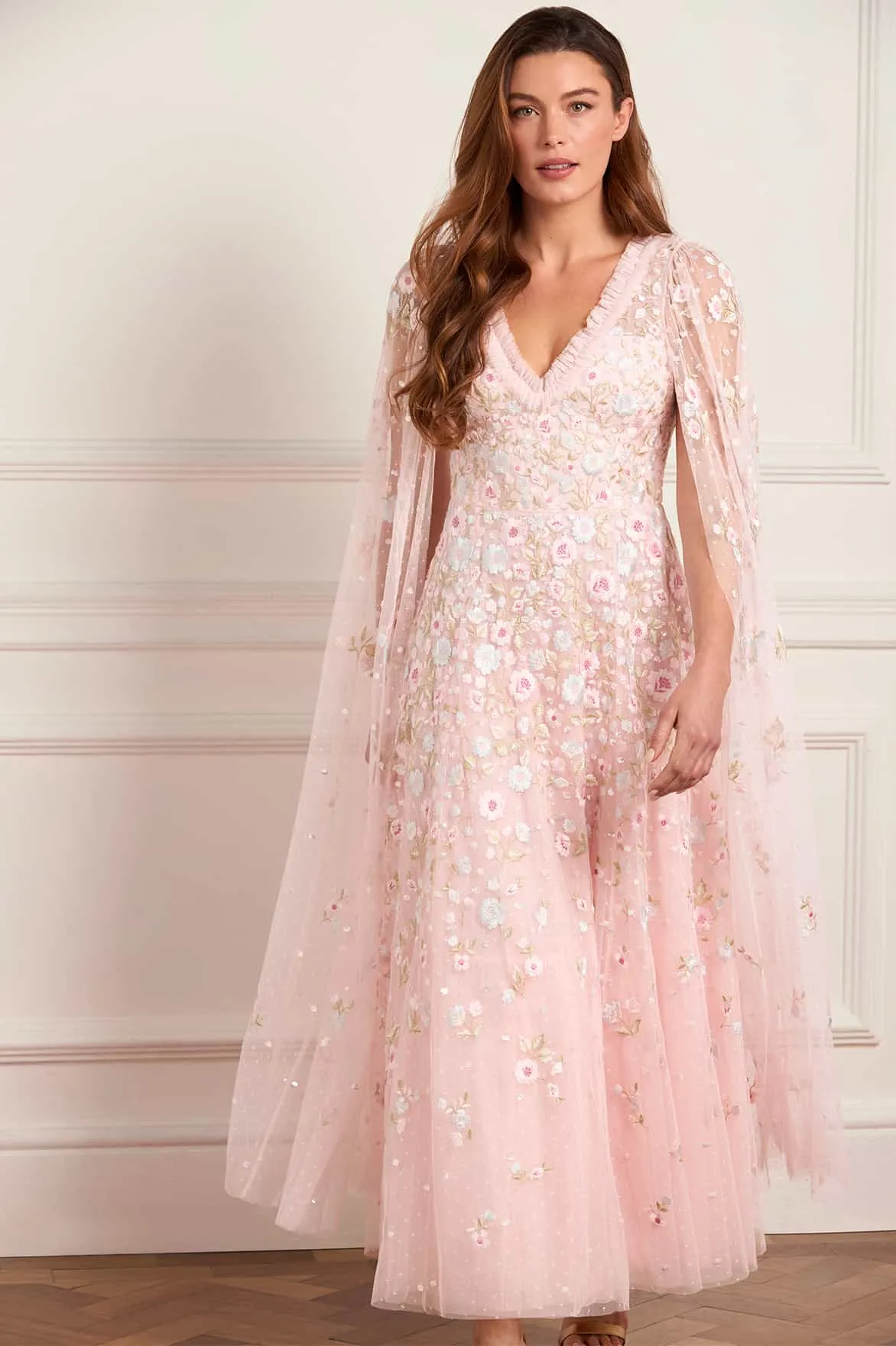 Ethereal Blooms Cape Sleeve Ankle Gown sold by Needle & Thread