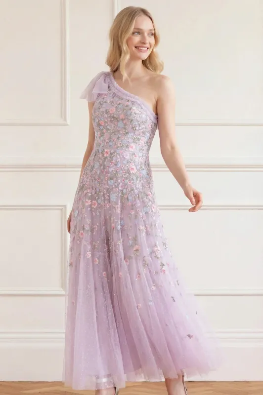 Sylvia Rose One-Shoulder Bow Ankle Gown made by Needle & Thread