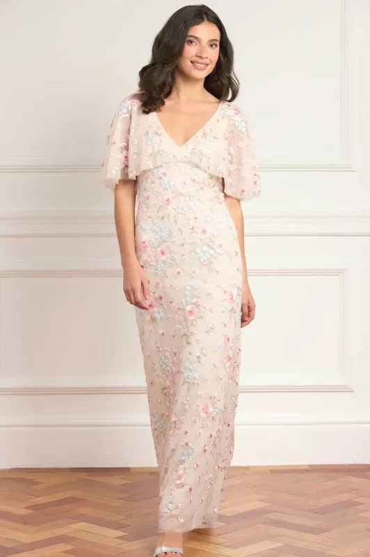 Peony Bouquet V-Neck Cape Gown made by Needle & Thread