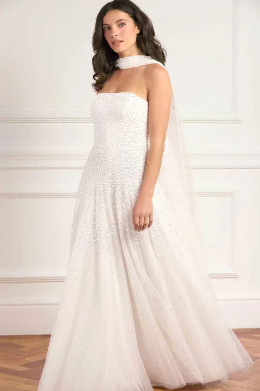 Sunrise Sequin Strapless Cape Gown made by Needle & Thread