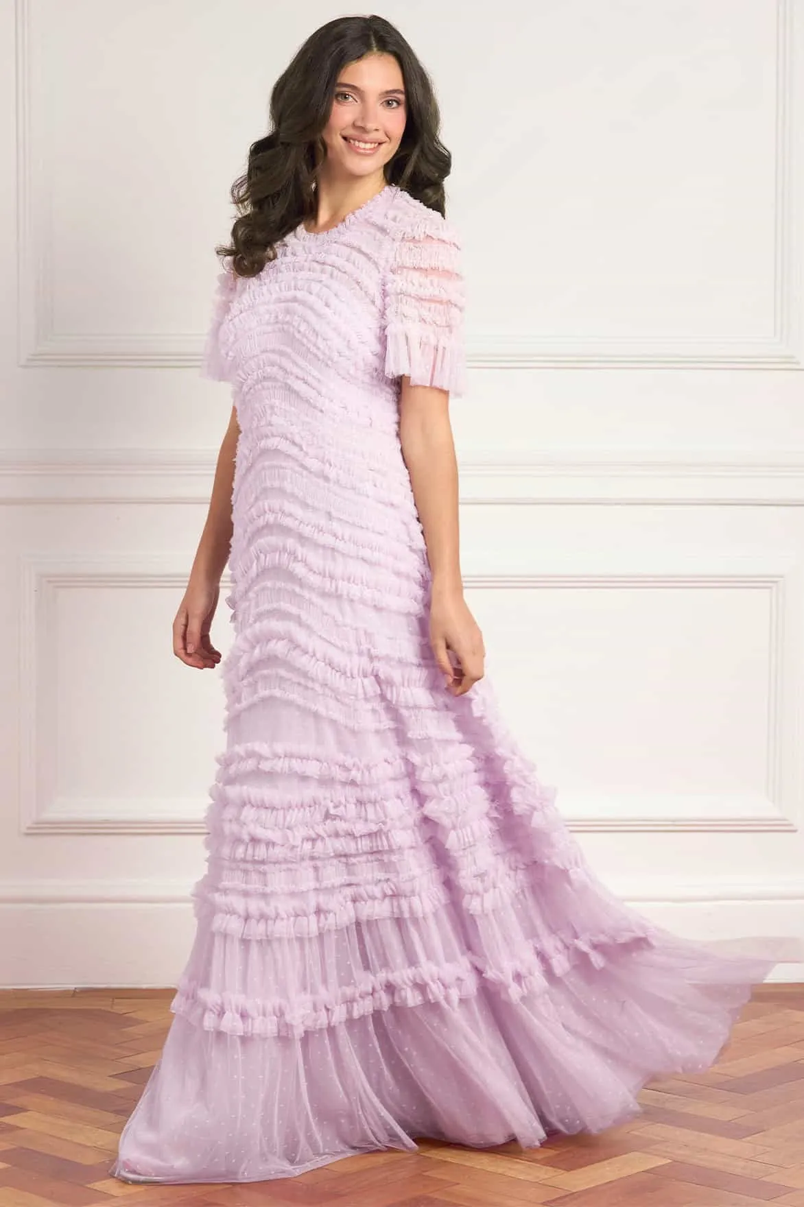 Amara Round Neck Ruffle Gown sold by Needle & Thread