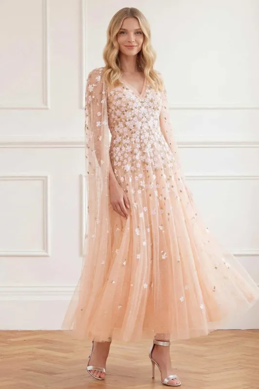 Camellia Ditsy Cape Sleeve Ankle Gown made by Needle & Thread