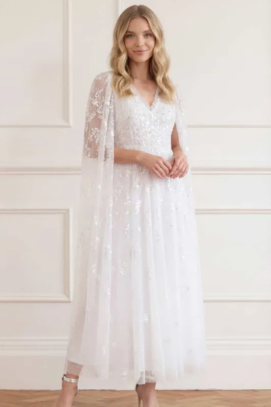 Freesia Shimmer Cape Sleeve Ankle Gown made by Needle & Thread