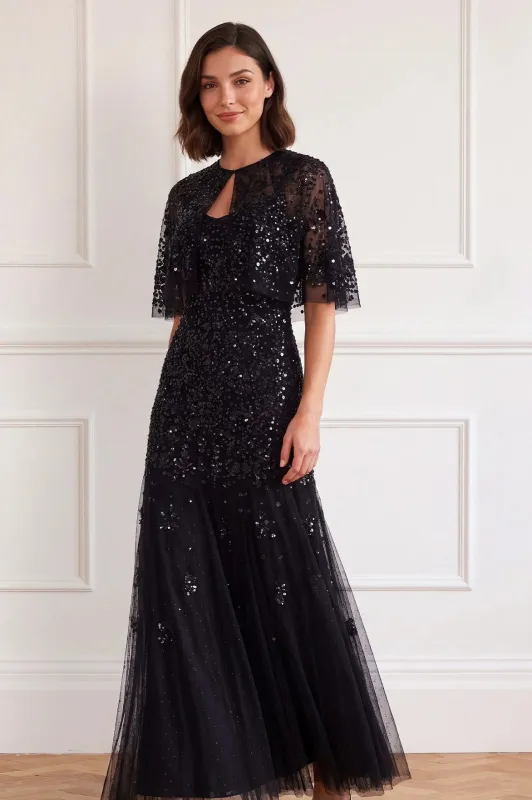 Nerina Sequin Cami Cape Gown made by Needle & Thread