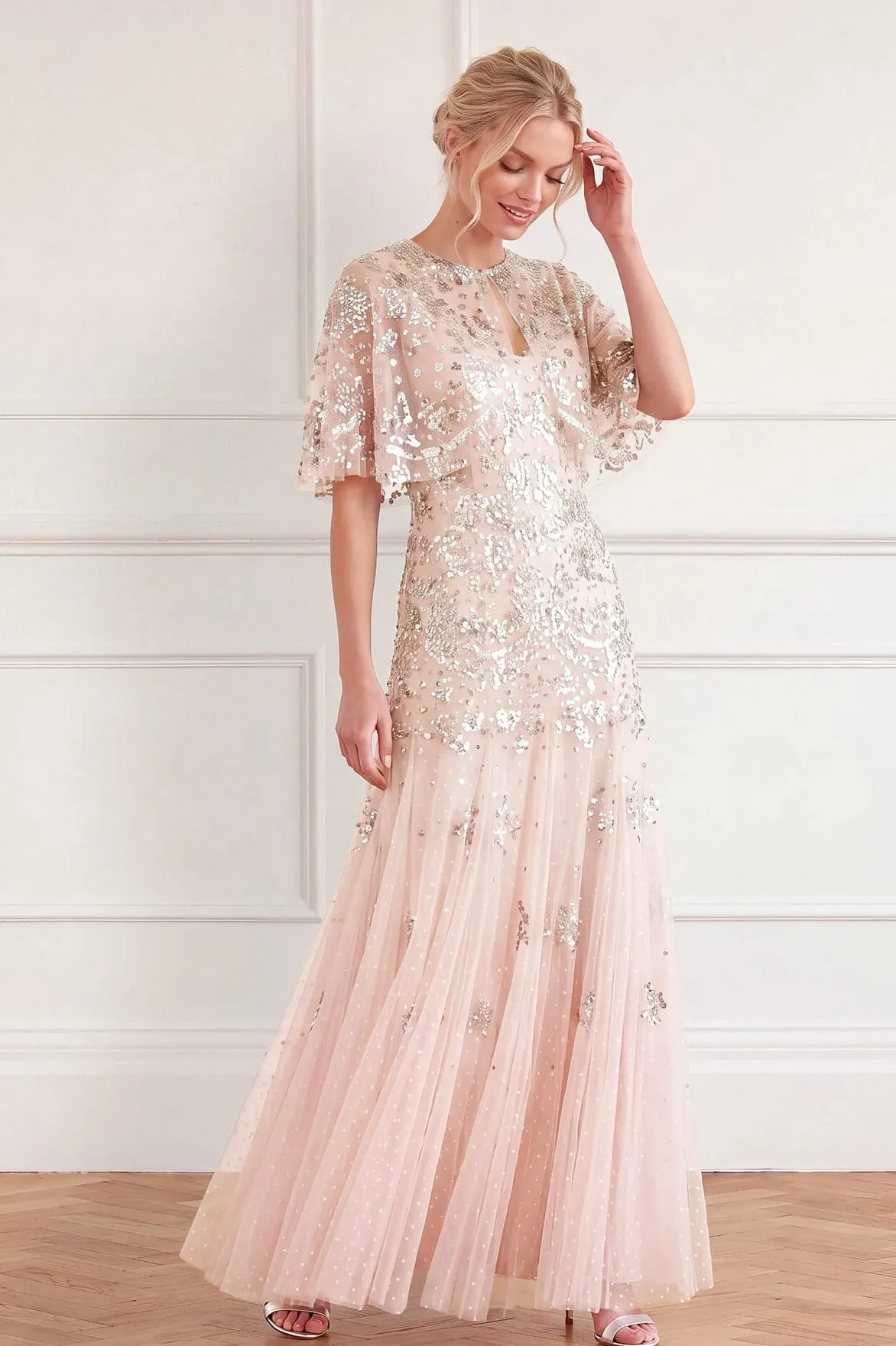 Nerina Sequin Cami Cape Gown sold by Needle & Thread