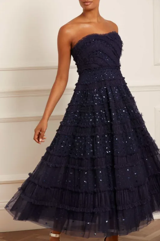Dot Shimmer Tiered Strapless Ankle Gown sold by Needle & Thread