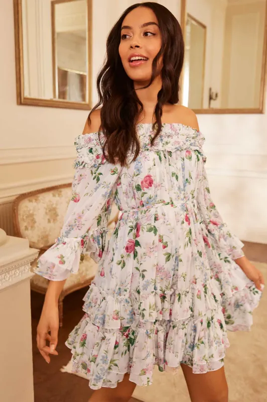 Floral Fantasy Chiffon Off-Shoulder Micro Mini Dress sold by Needle & Thread