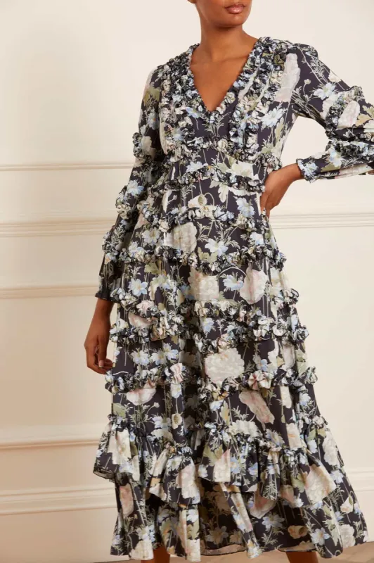 Moonlight Petals V-Neck Crepe Ankle Gown sold by Needle & Thread