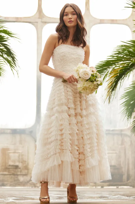 Hattie Ruffle Strapless Ankle Gown sold by Needle & Thread