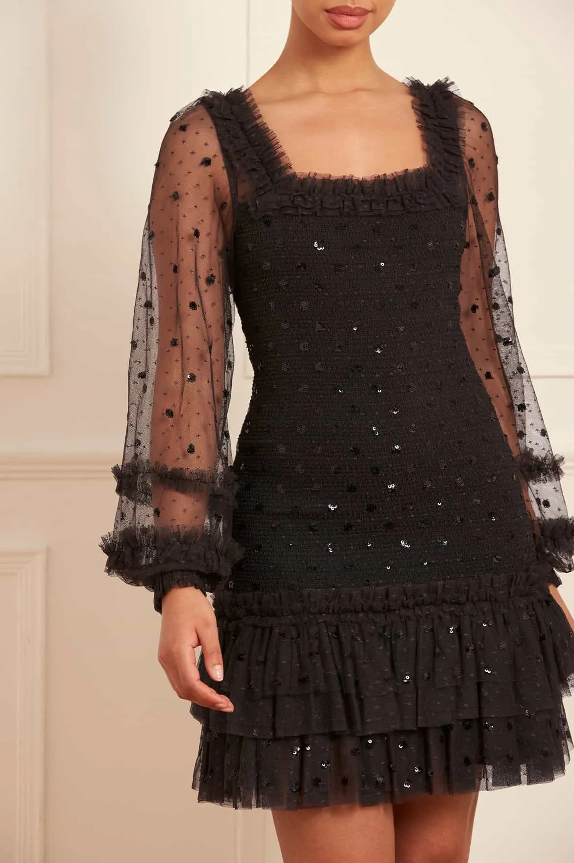 Polka Dot Smocked Long Sleeve Micro Mini Dress sold by Needle & Thread product image thumbnail 4