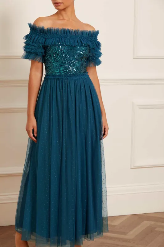 Sequin Wreath Bodice Off-Shoulder Ankle Gown sold by Needle & Thread