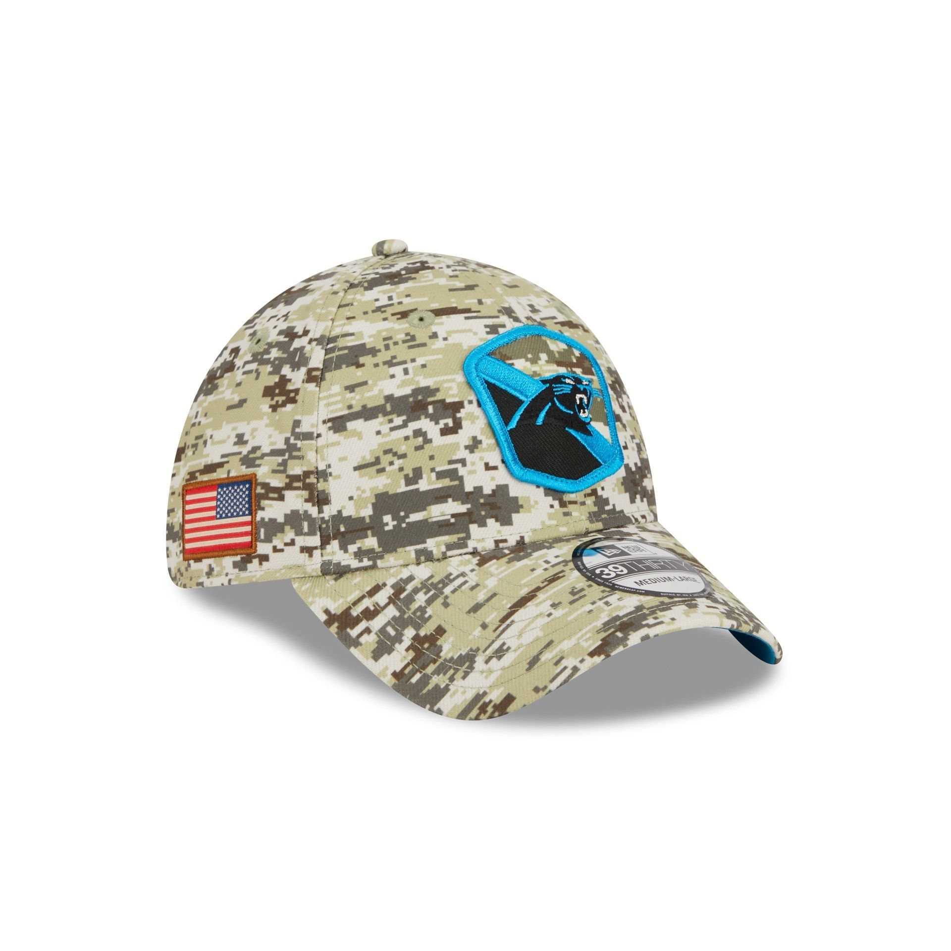 Carolina Panthers 2023 Salute to Service Camo 39THIRTY Stretch Fit Hat sold by New Era
