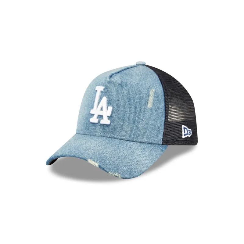 Los Angeles Dodgers Distressed Denim 9FORTY A-Frame Trucker Hat sold by New Era
