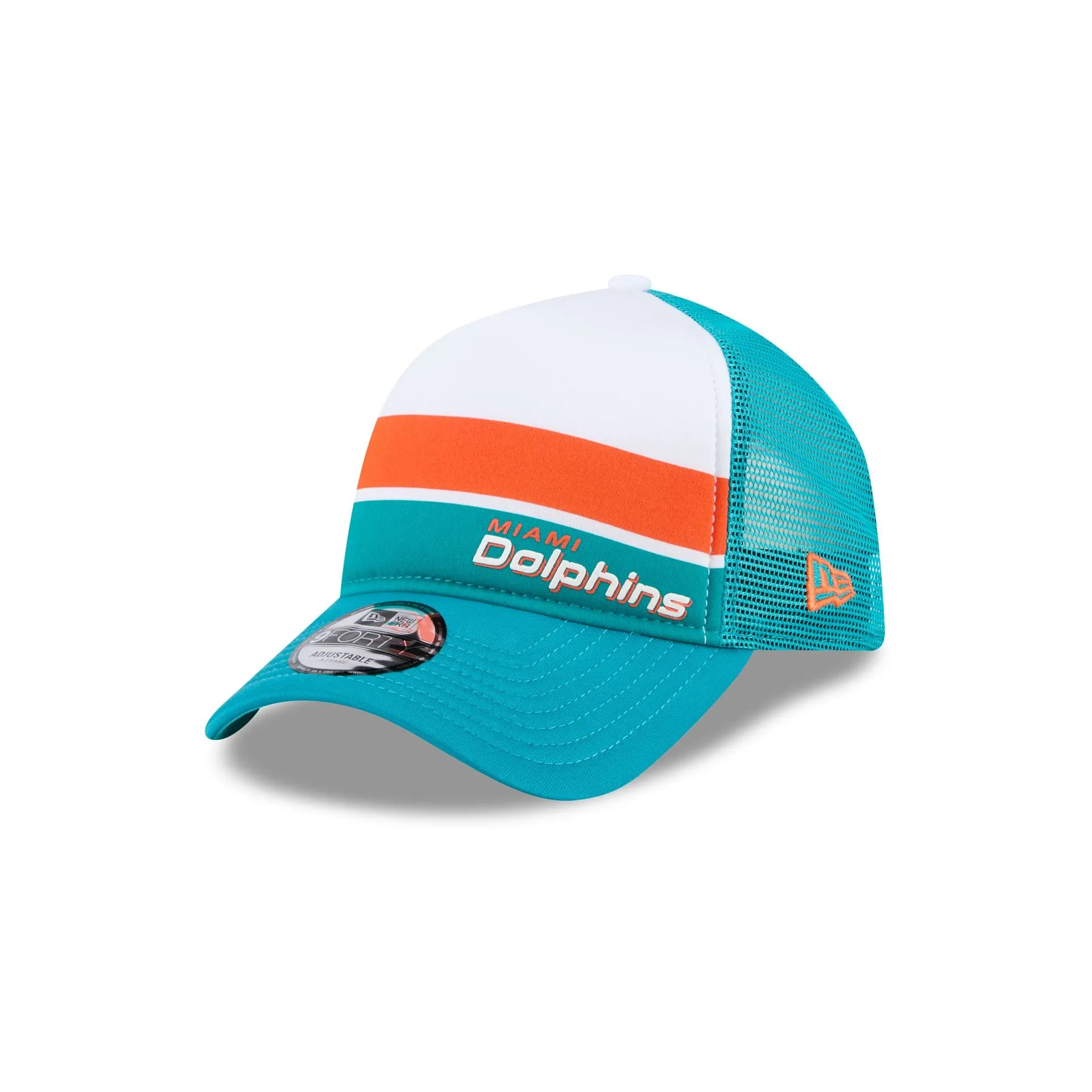 Miami Dolphins Color Block 9FORTY A-Frame Trucker Snapback Hat sold by New Era