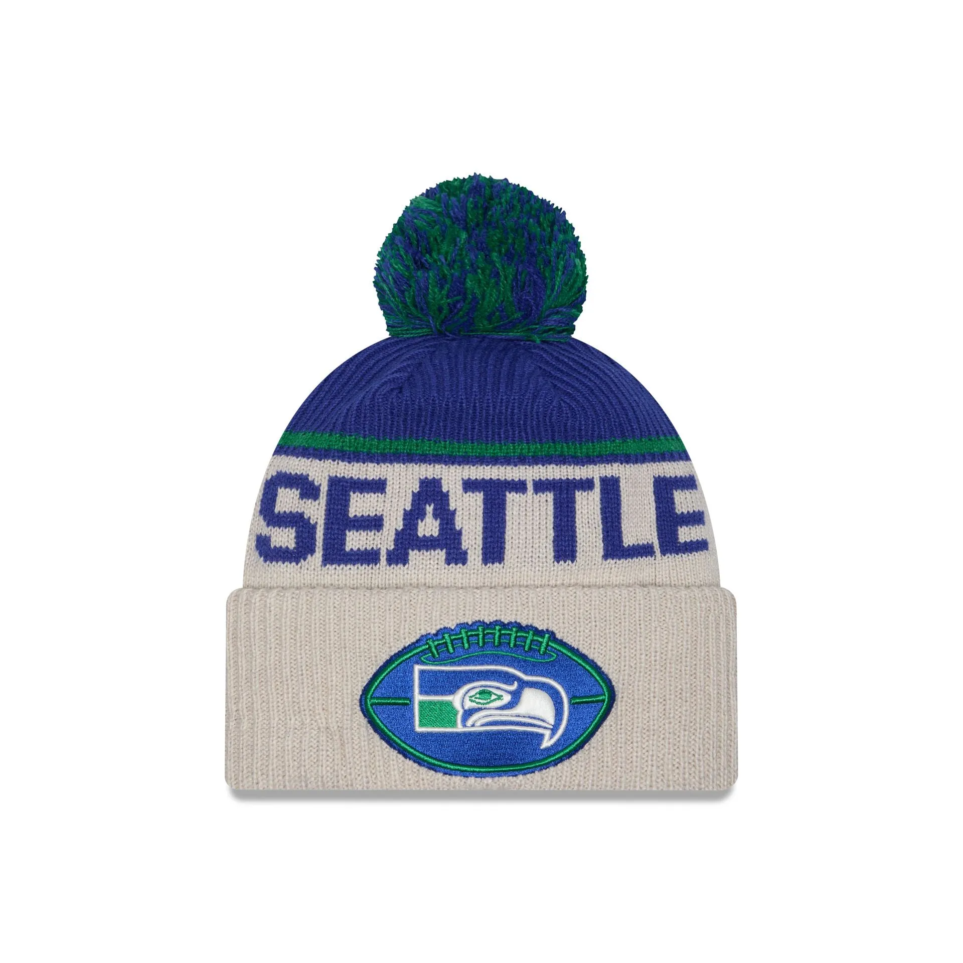 Seattle Seahawks 2024 Cold Weather Historic Pom Knit Hat sold by New Era