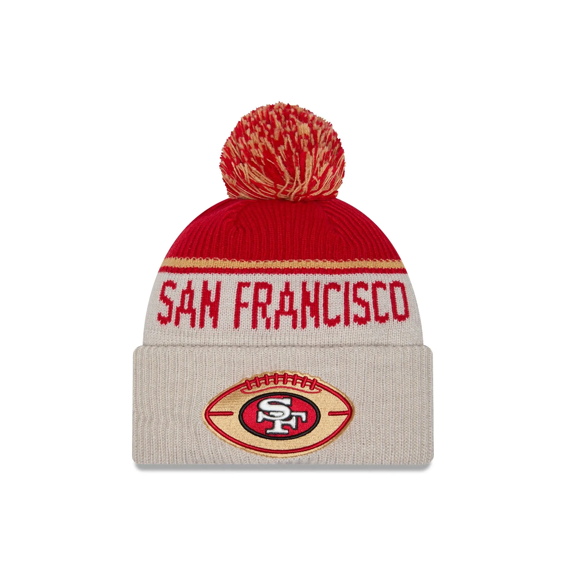 San Francisco 49ers 2024 Cold Weather Historic Pom Knit Hat sold by New Era