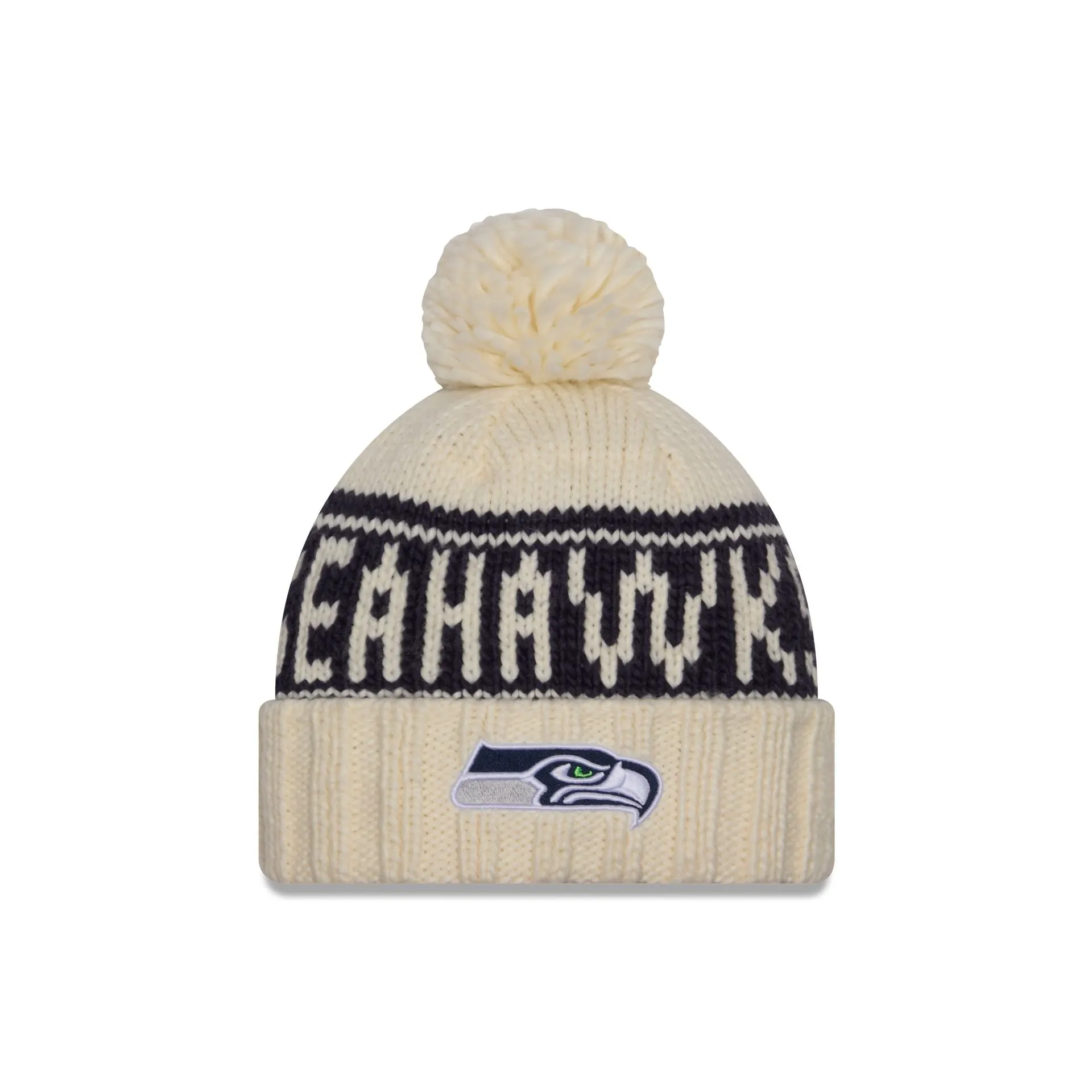 Seattle Seahawks 2024 Cold Weather Chrome Pom Knit Hat sold by New Era