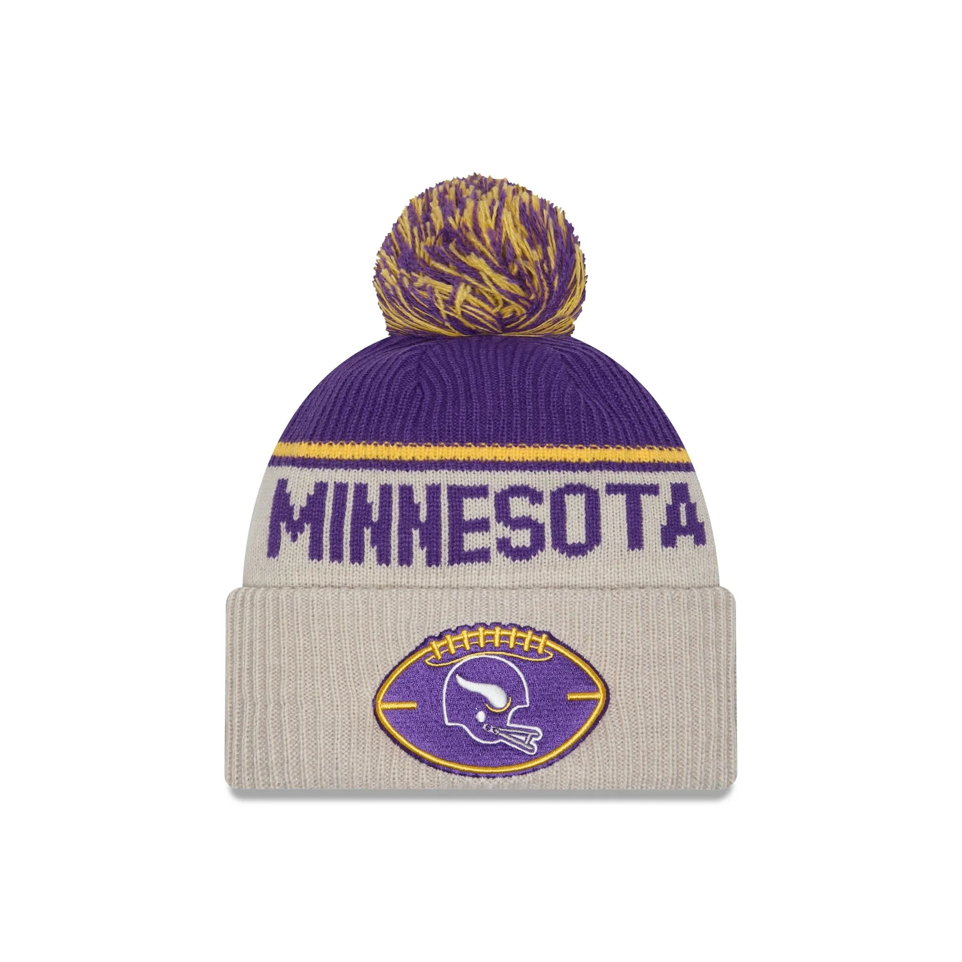 Minnesota Vikings 2024 Cold Weather Historic Pom Knit Hat sold by New Era