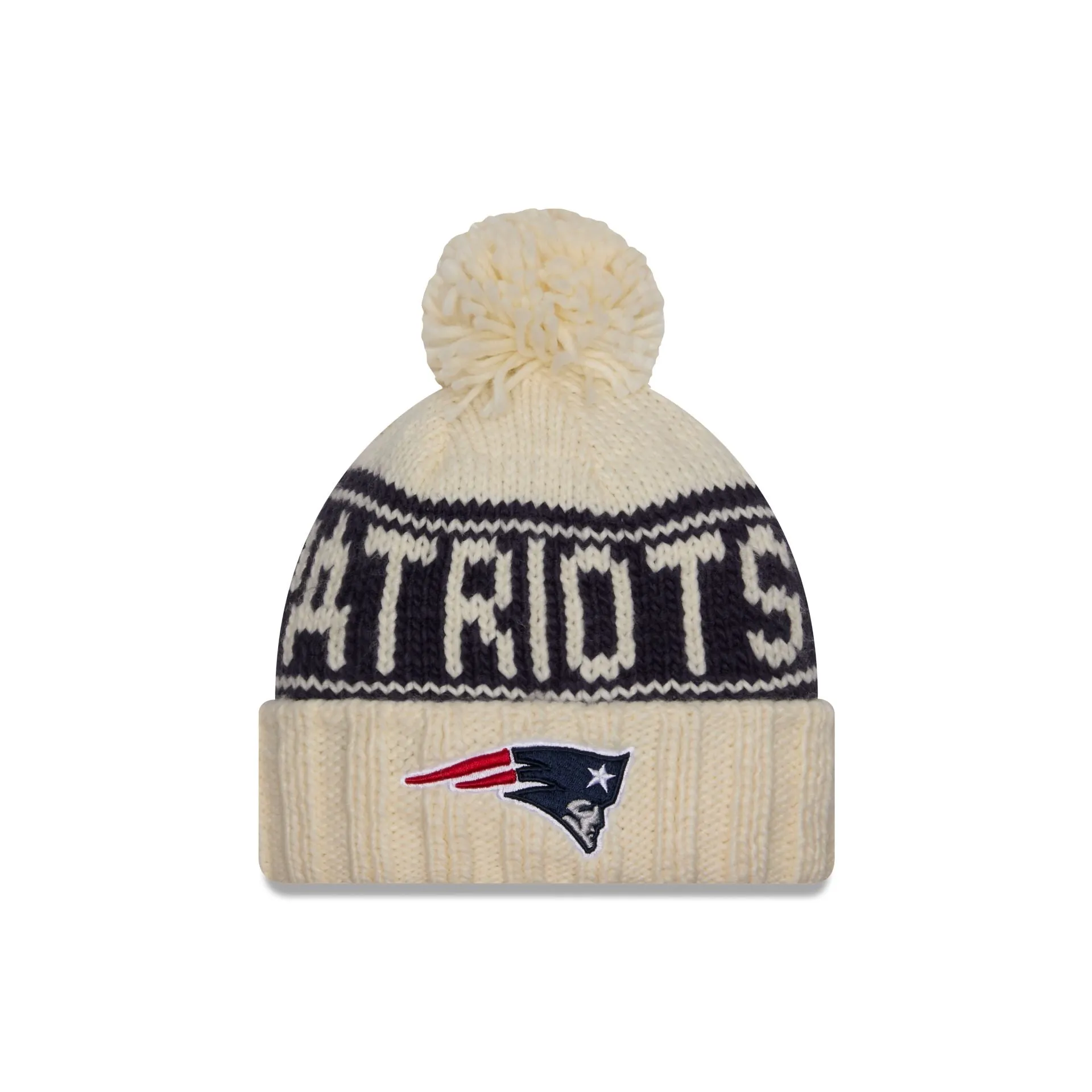 New England Patriots 2024 Cold Weather Chrome Pom Knit Hat sold by New Era
