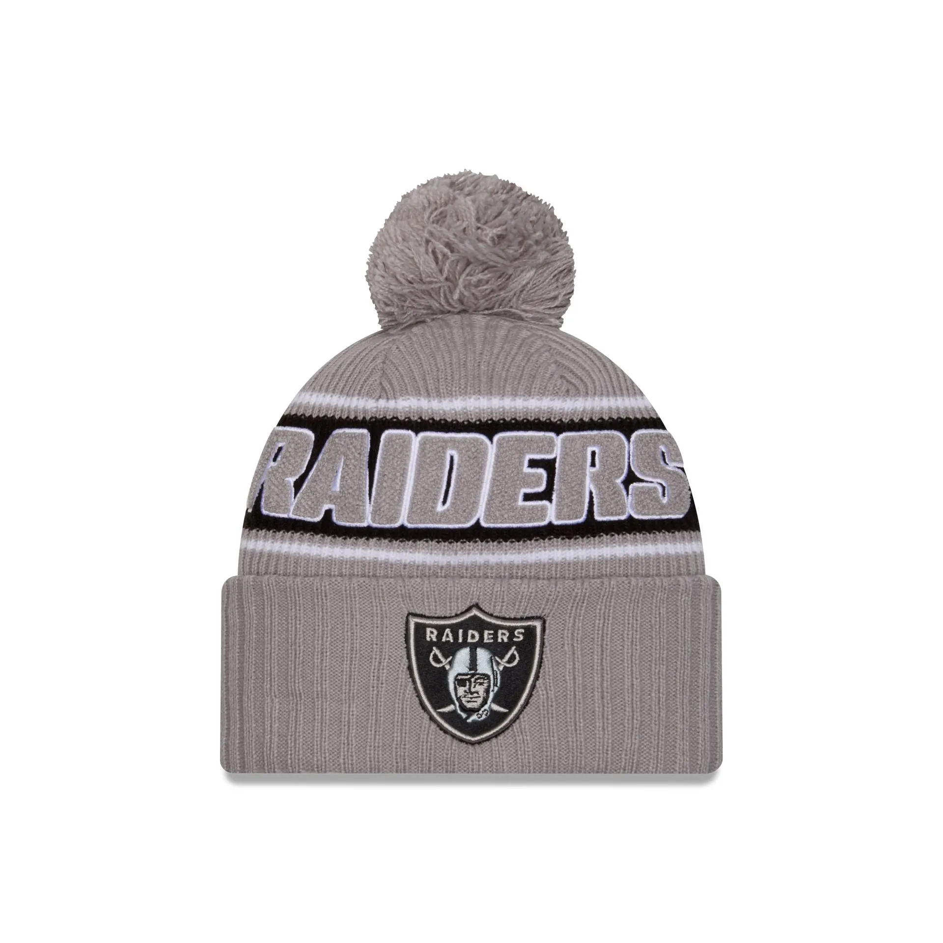 Las Vegas Raiders 2024 Cold Weather Gray Pom Knit Hat sold by New Era
