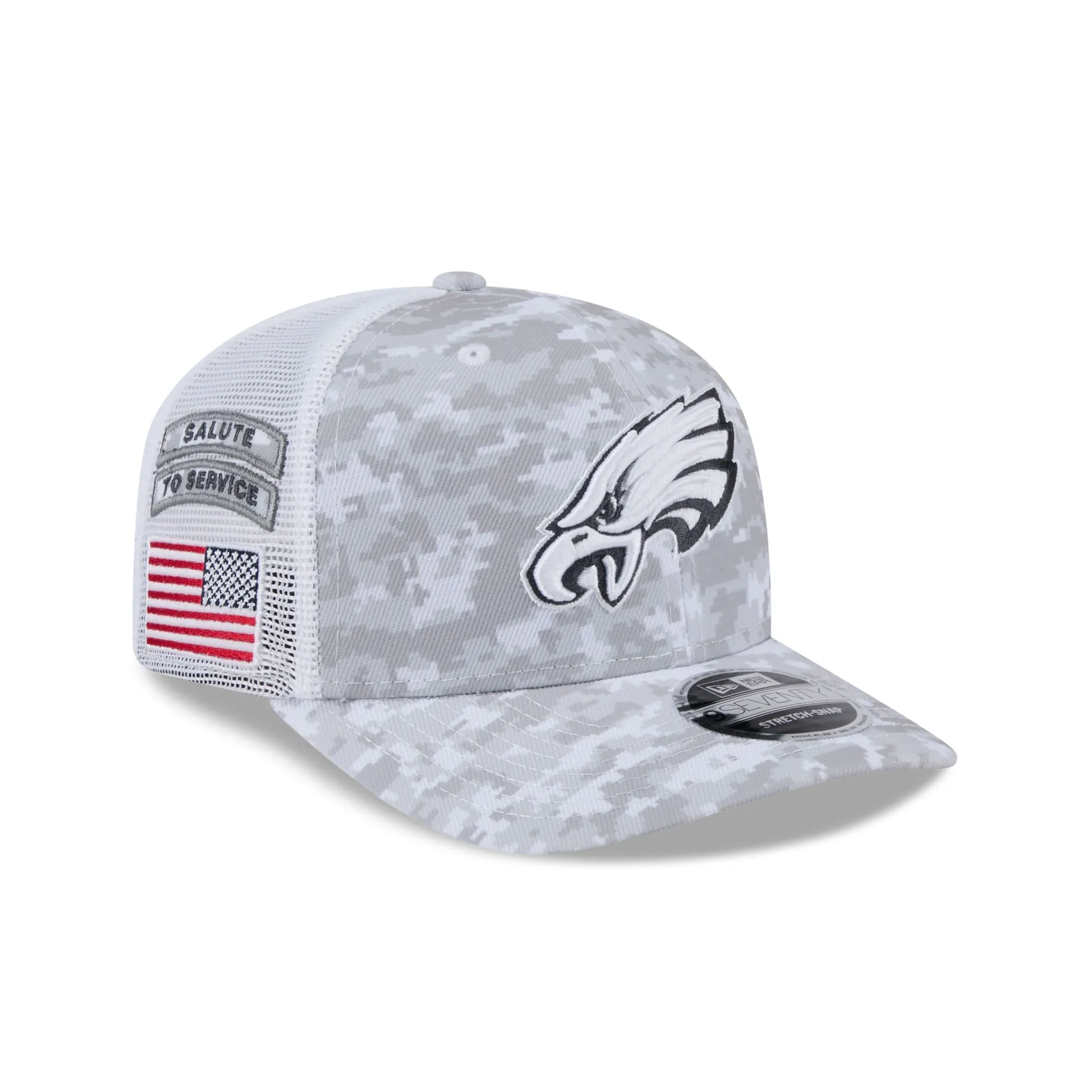 Philadelphia Eagles 2024 Salute to Service 9SEVENTY Trucker Hat sold by New Era