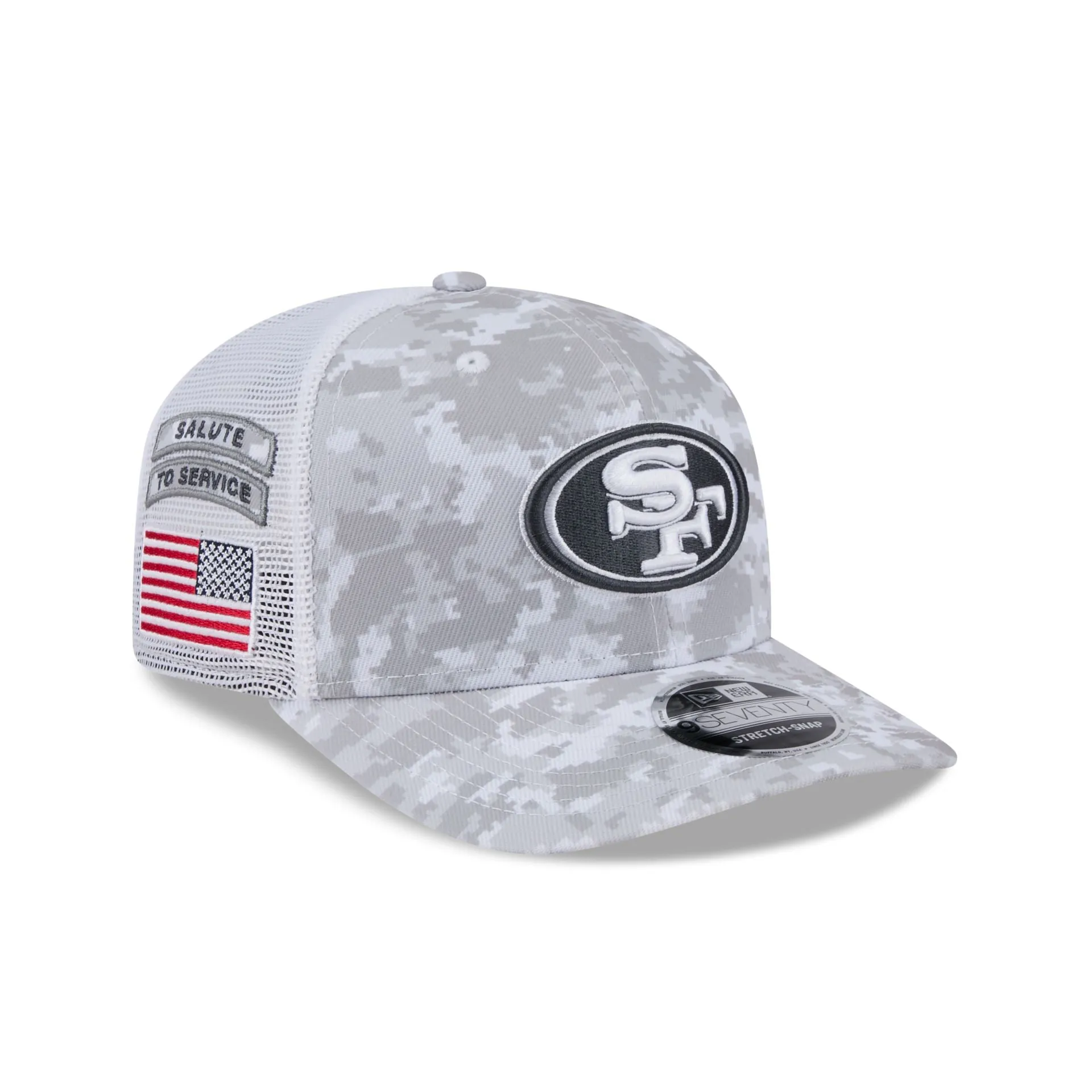 San Francisco 49ers 2024 Salute to Service 9SEVENTY Trucker Hat sold by New Era