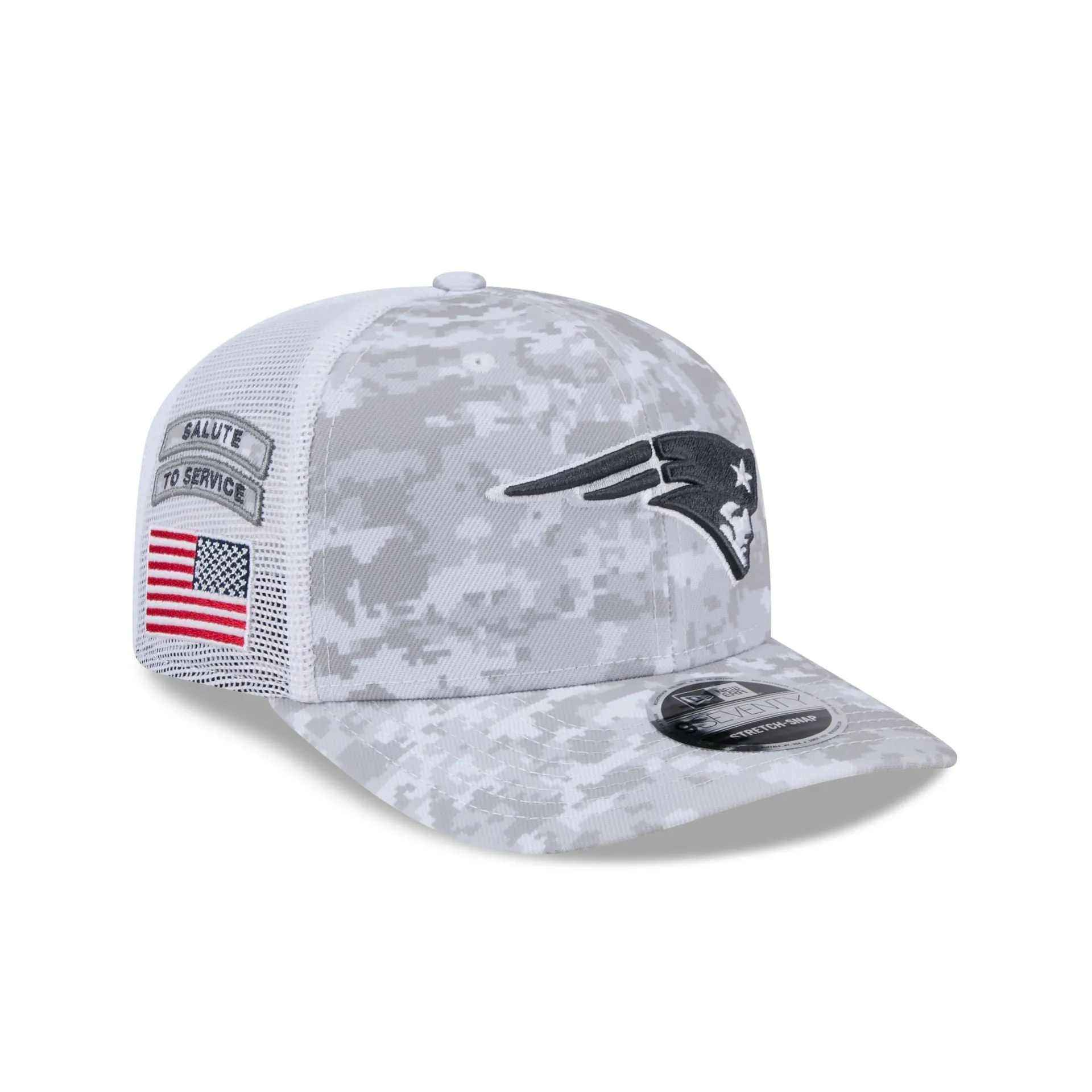 New England Patriots 2024 Salute to Service 9SEVENTY Trucker Hat sold by New Era