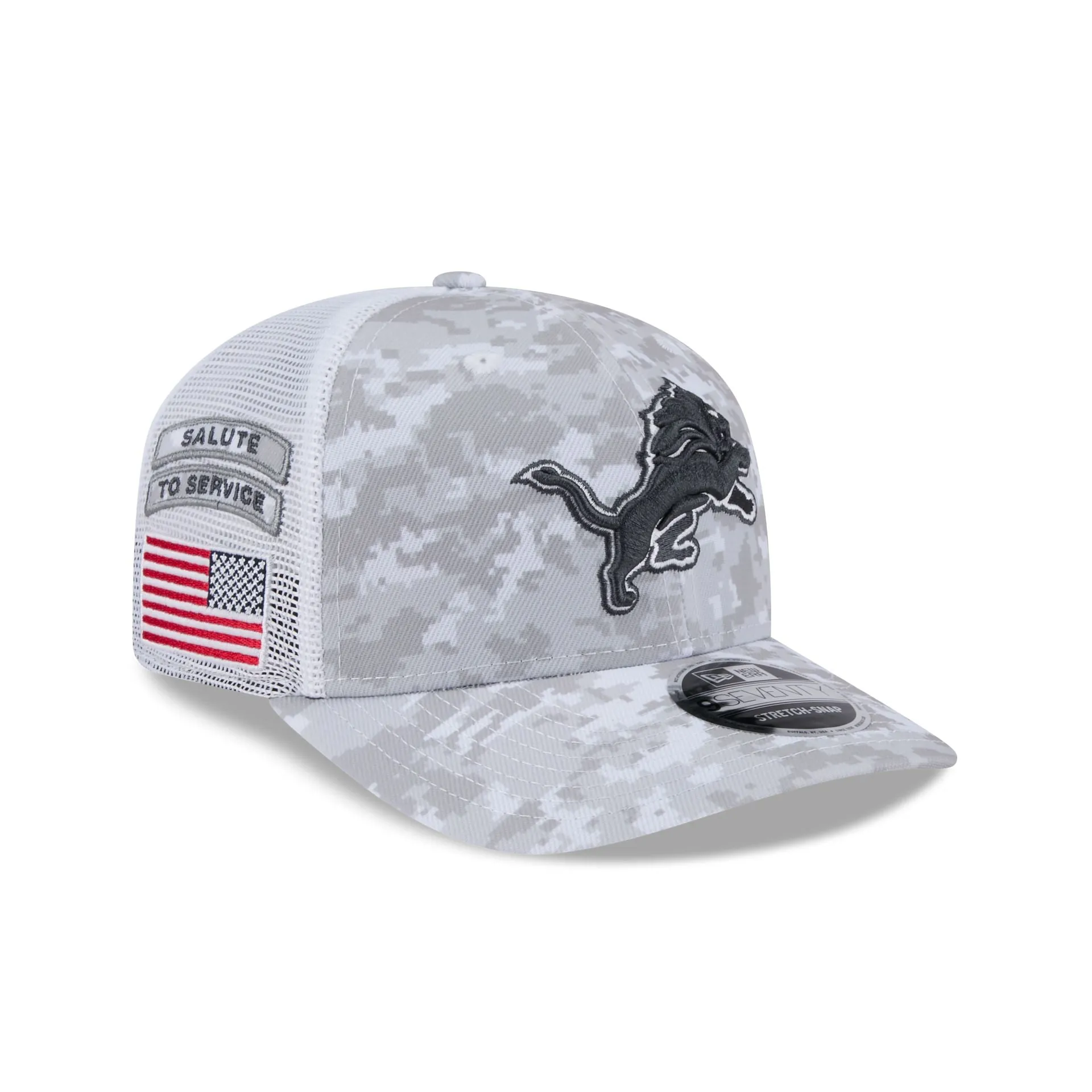 Detroit Lions 2024 Salute to Service 9SEVENTY Trucker Hat sold by New Era