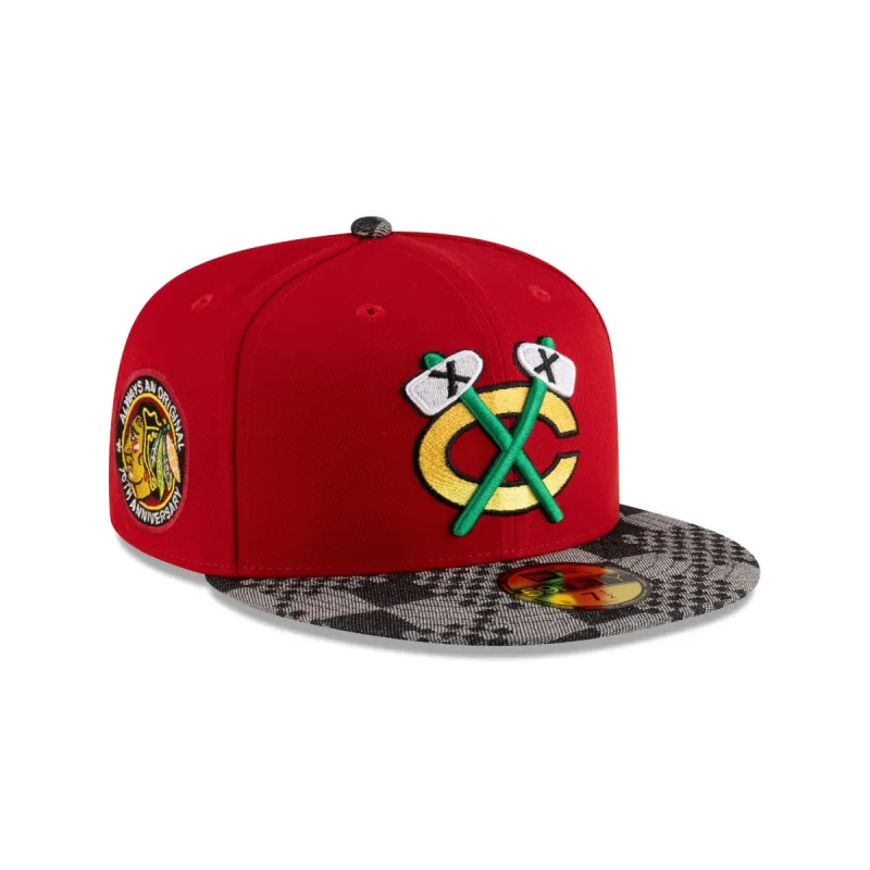 Chicago Blackhawks Scarlet Black Denim 59FIFTY Fitted Hat sold by New Era