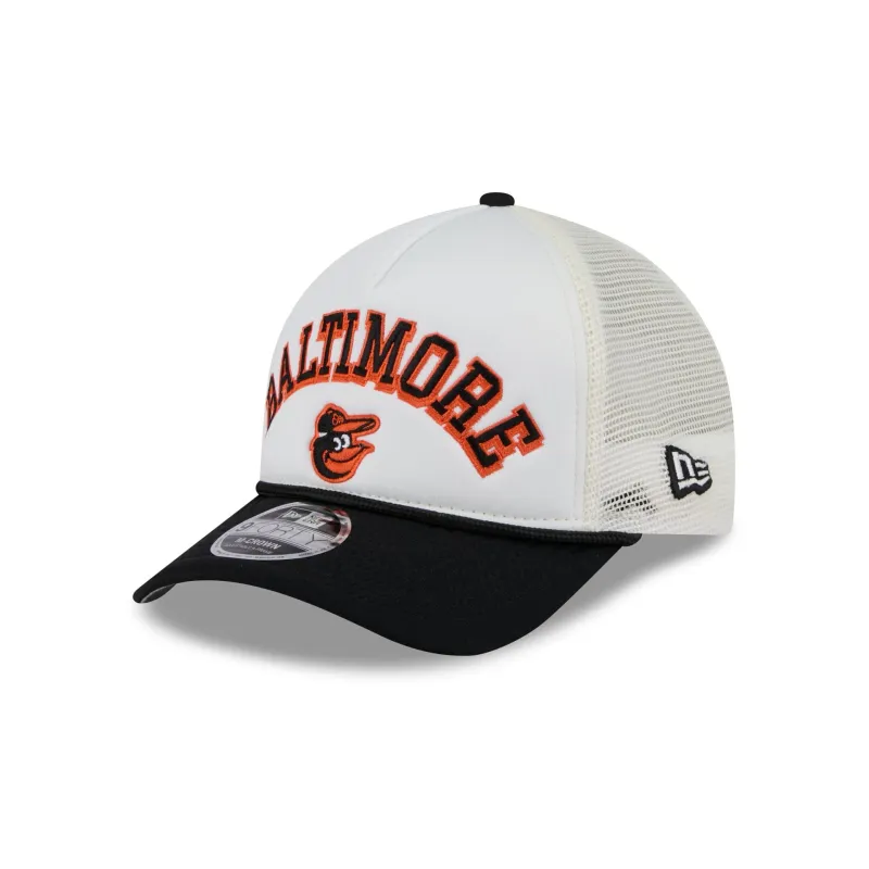 Baltimore Orioles Chrome Arch 9FORTY M-Crown A-Frame Trucker Hat sold by New Era