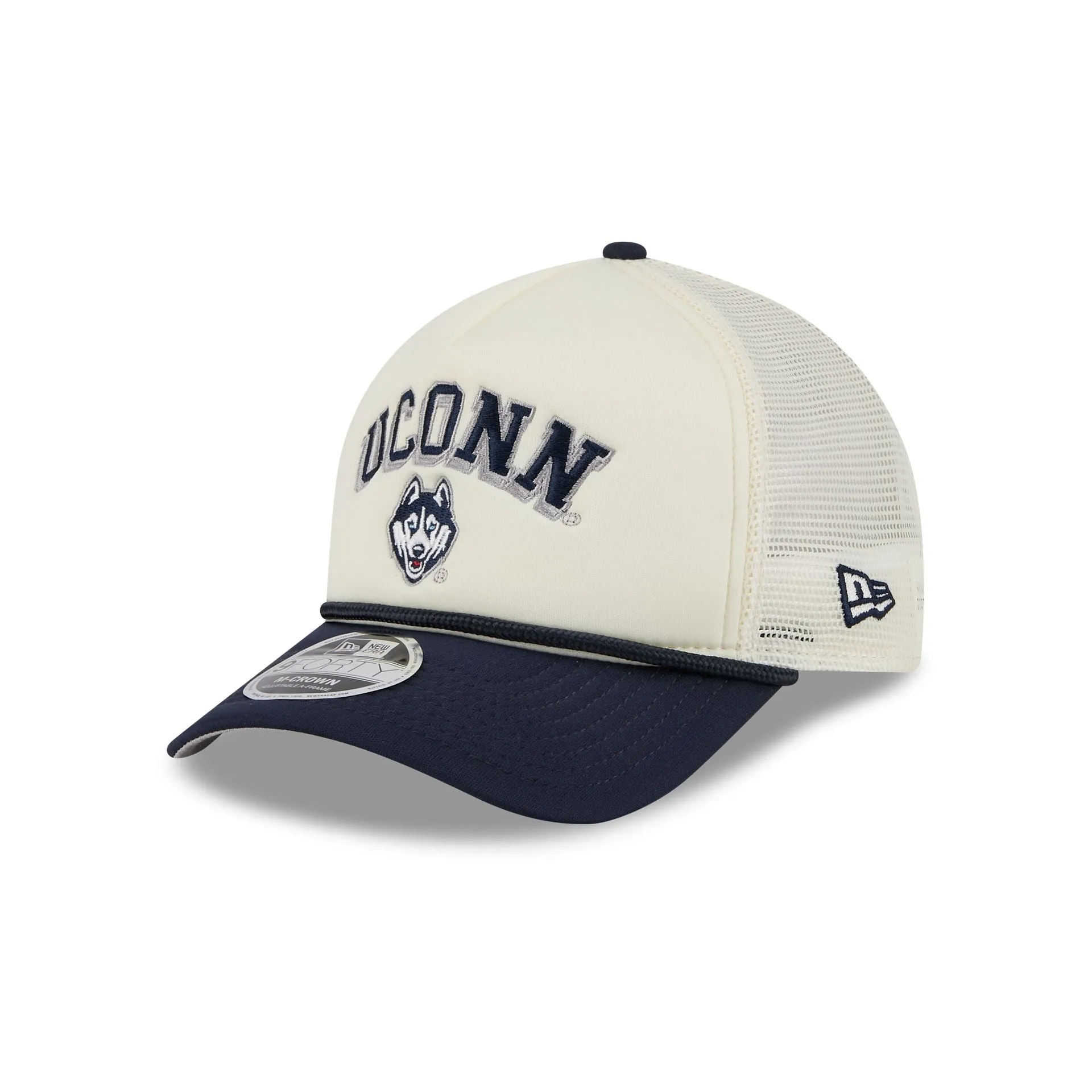 Connecticut Huskies Chrome Arch 9FORTY M-Crown A-Frame Trucker Hat sold by New Era