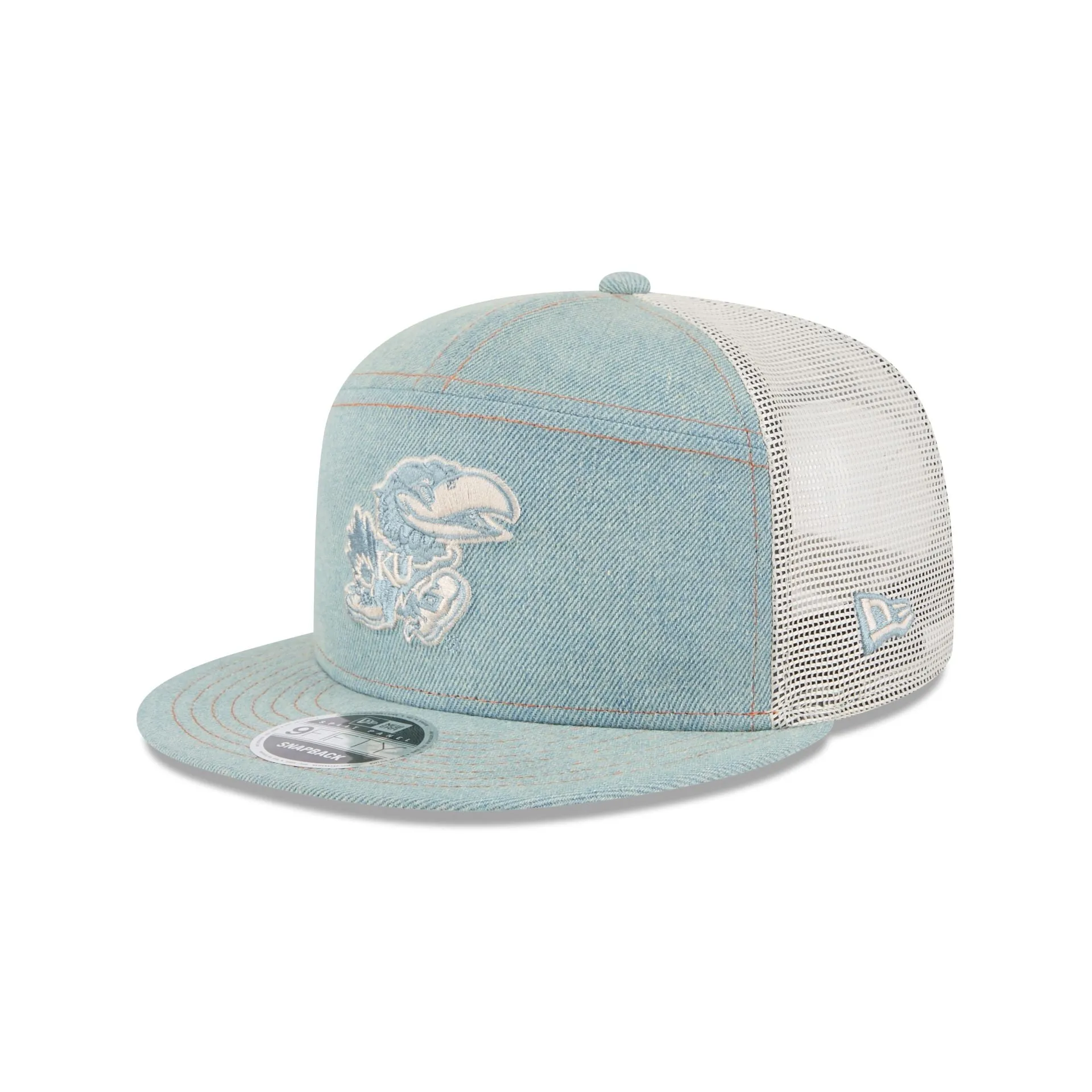 Kansas Jayhawks Denim Split Panel 9FIFTY Trucker Hat sold by New Era