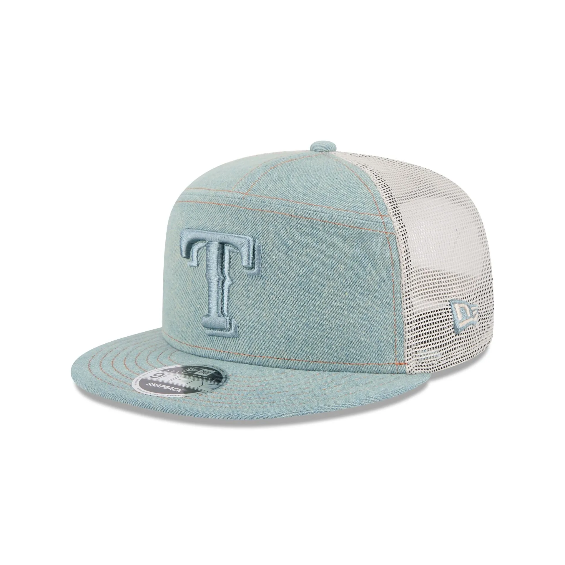 Texas Rangers Denim Split Panel 9FIFTY Trucker Hat sold by New Era
