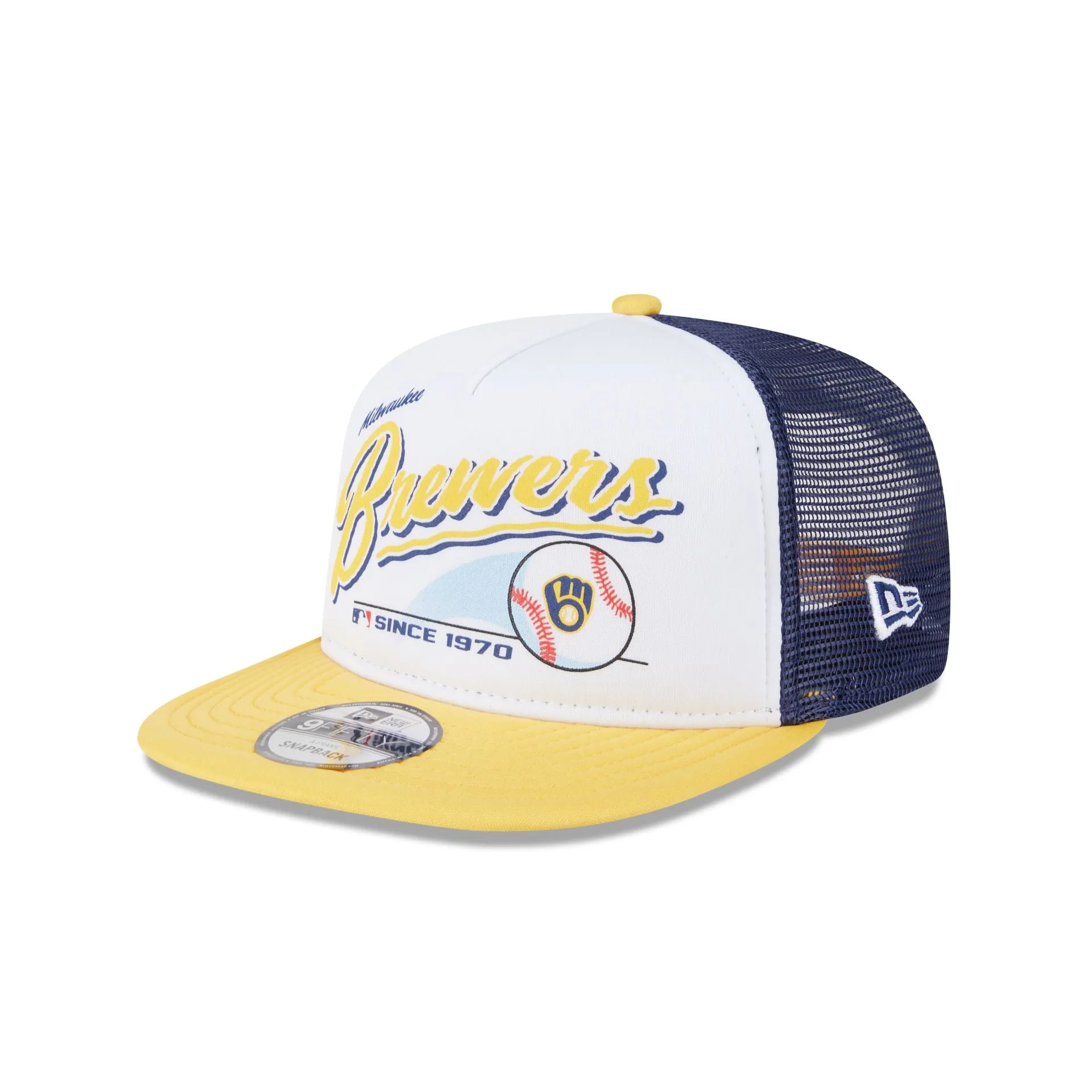Milwaukee Brewers Retro Script 9FIFTY A-Frame Trucker Hat sold by New Era