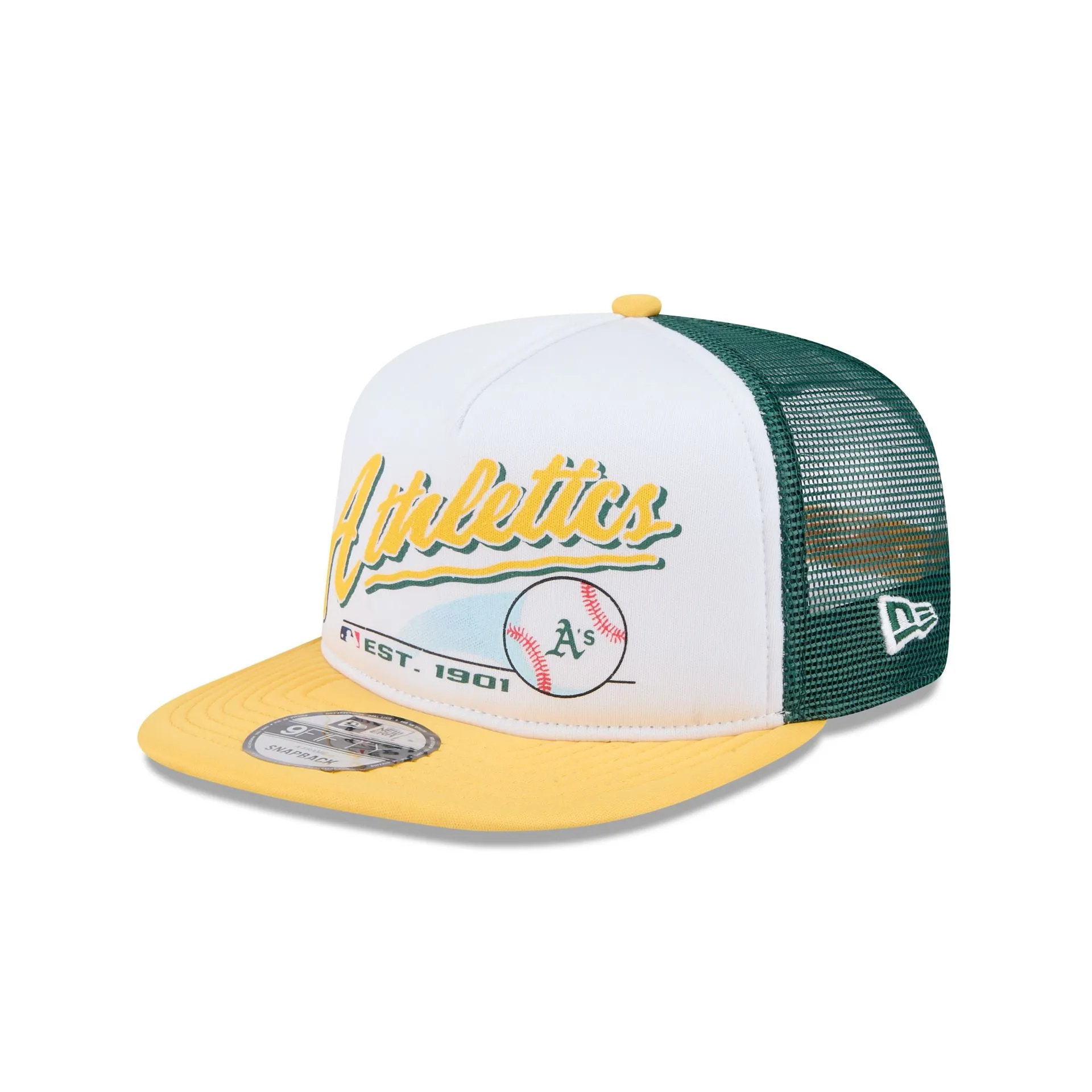 Athletics Retro Script 9FIFTY A-Frame Trucker Hat sold by New Era