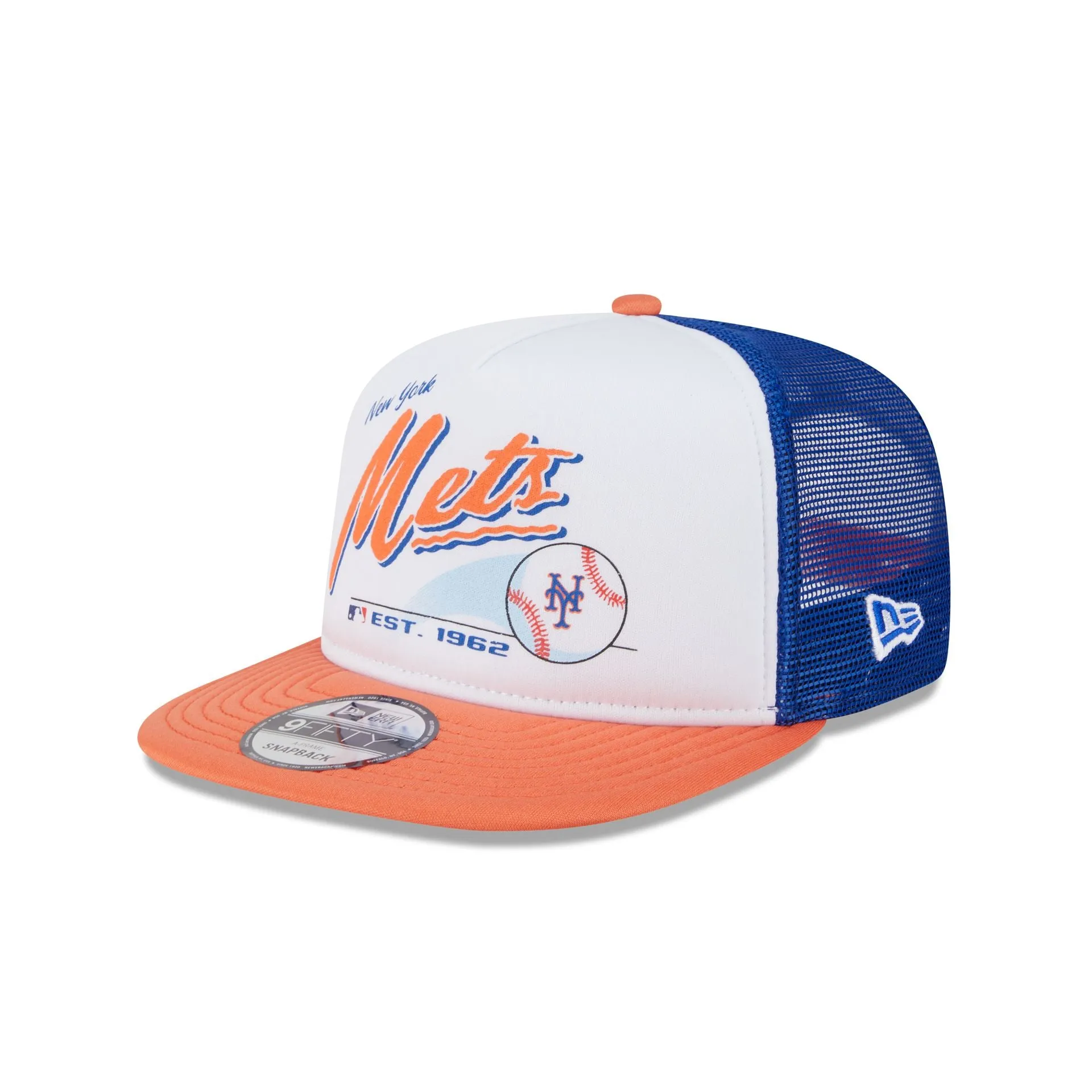 New York Mets Retro Script 9FIFTY A-Frame Trucker Hat sold by New Era