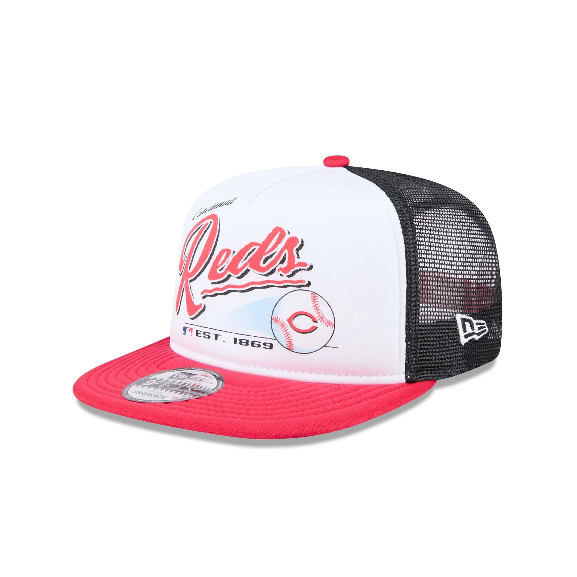 Cincinnati Reds Retro Script 9FIFTY A-Frame Trucker Hat sold by New Era