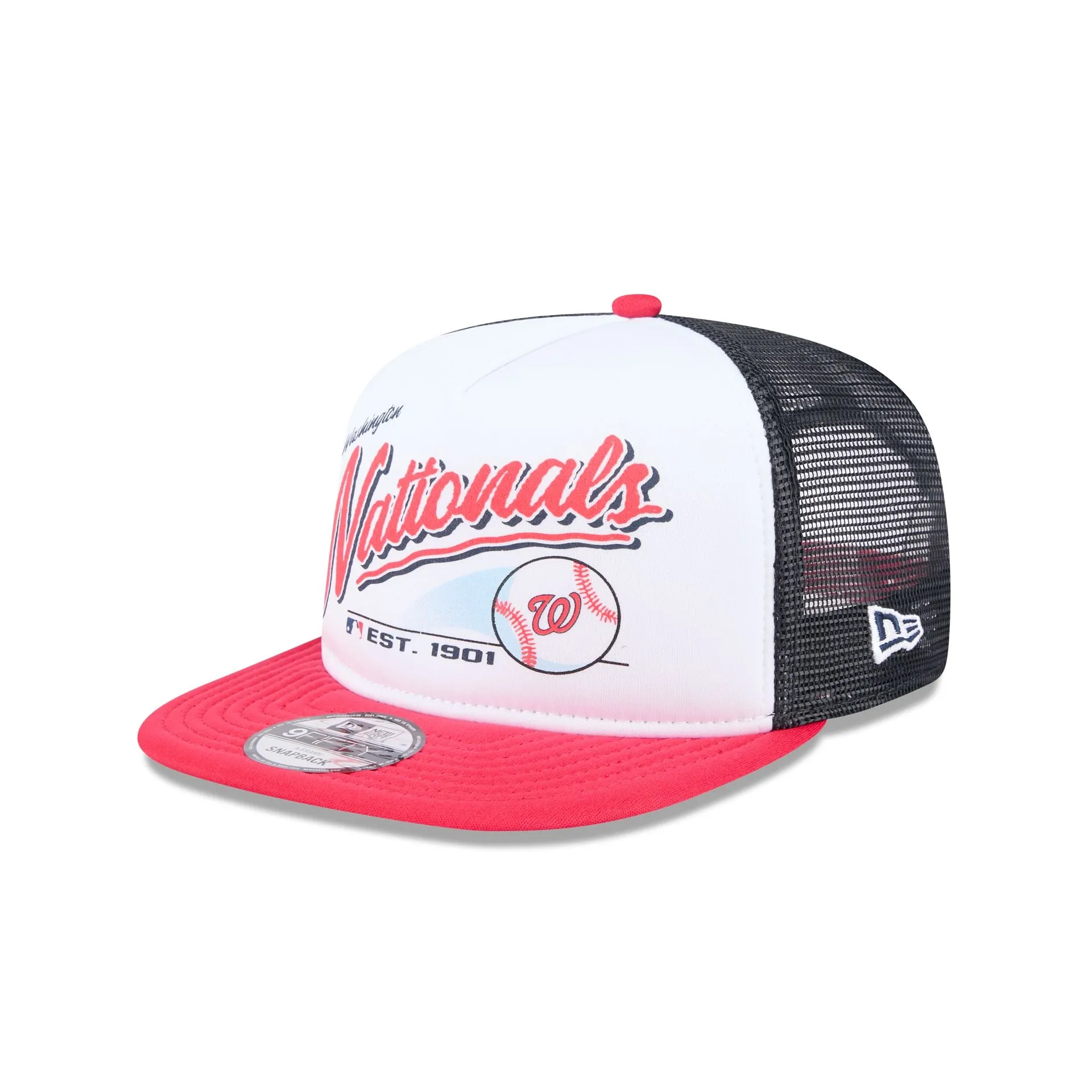 Washington Nationals Retro Script 9FIFTY A-Frame Trucker Hat sold by New Era