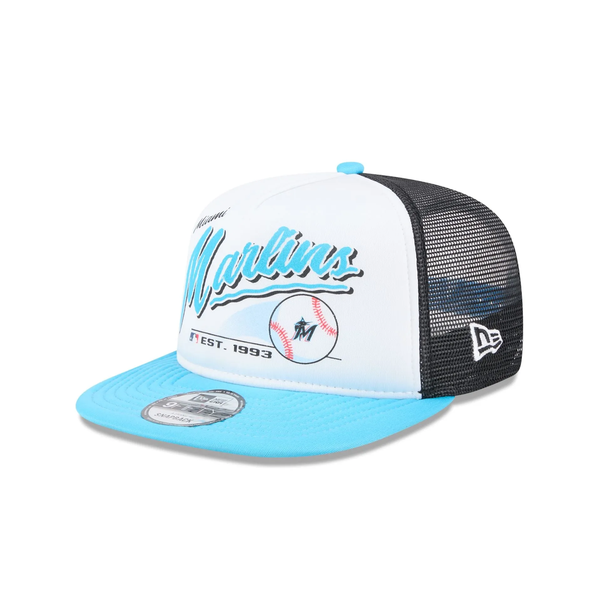 Miami Marlins Retro Script 9FIFTY A-Frame Trucker Hat sold by New Era