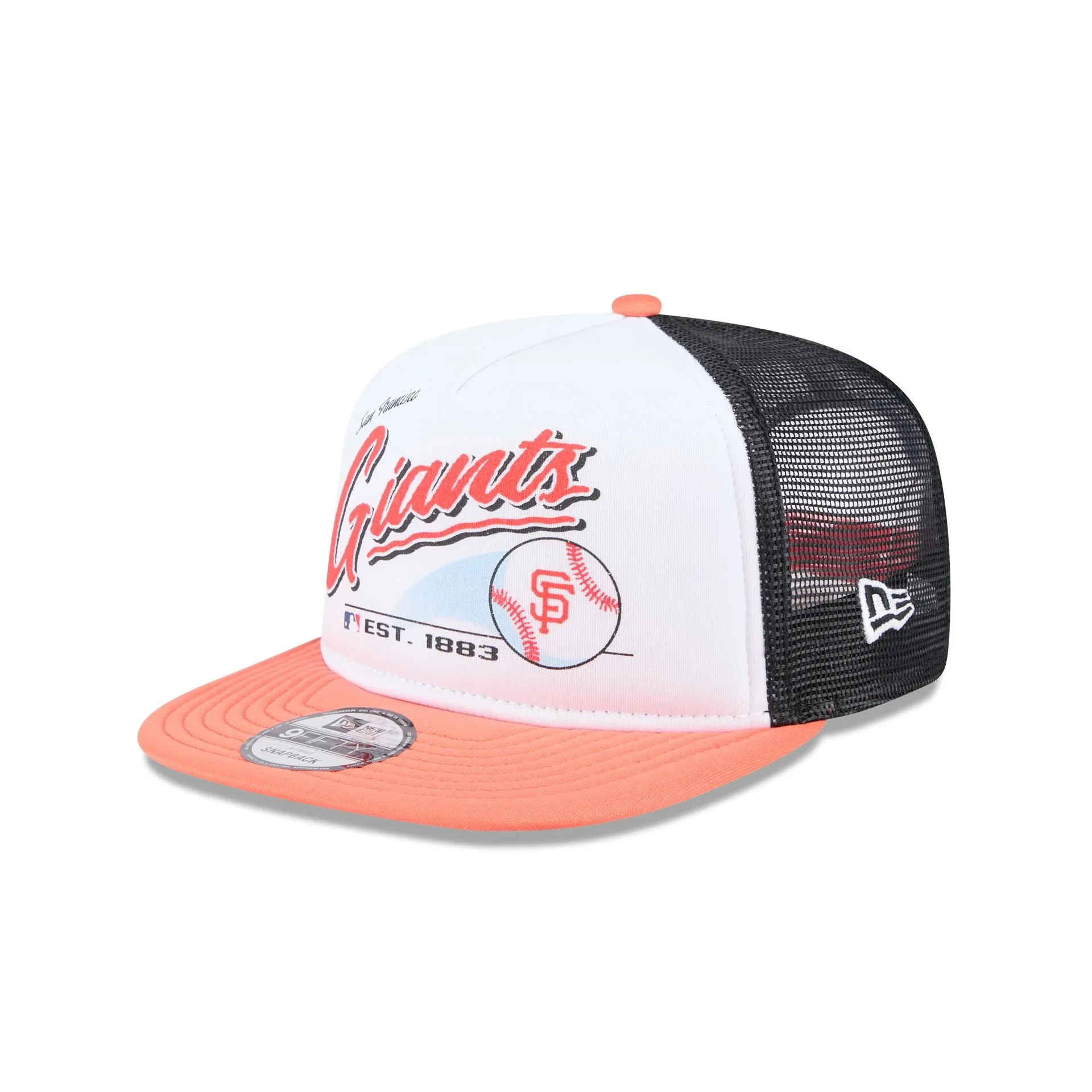 San Francisco Giants Retro Script 9FIFTY A-Frame Trucker Hat sold by New Era
