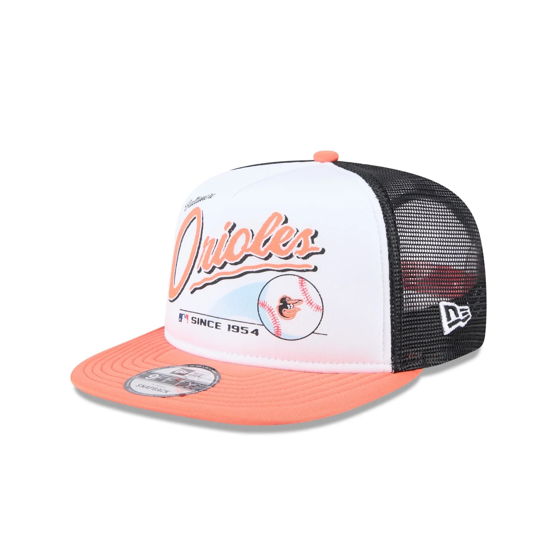 Baltimore Orioles Retro Script 9FIFTY A-Frame Trucker Hat sold by New Era
